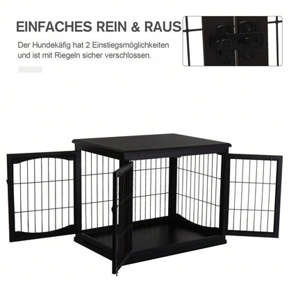 PawHut 2-in-1 Hundehaus mit Tischplatte, Höhe: 81 cm, Kleintierheim aus MDF & Metall für Innen, Tierkäfig mit Flachdach als side table, Für kleine Hunde & Kleintiere, Schwarz