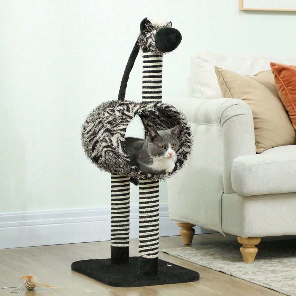PawHut Kratzbaum mit Katzentunnel, Zebra Design Kratzbaum mit Sisalstämmen, Katzen Spielzeug für kleine bis mittelgroße Katzen, Katzenmöbel für die Wohnung, 93 cm Höhe, Schwarz Weiß