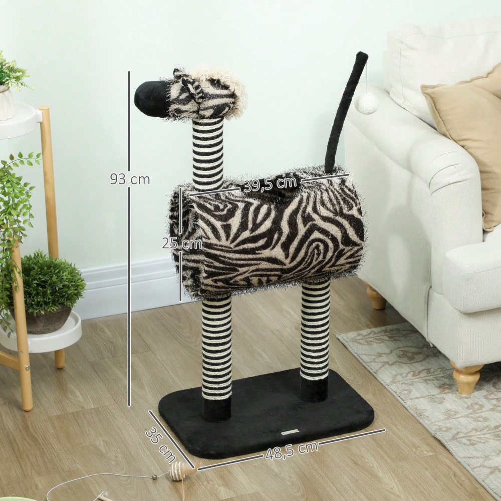 PawHut Kratzbaum mit Katzentunnel, Zebra Design Kratzbaum mit Sisalstämmen, Katzen Spielzeug für kleine bis mittelgroße Katzen, Katzenmöbel für die Wohnung, 93 cm Höhe, Schwarz Weiß