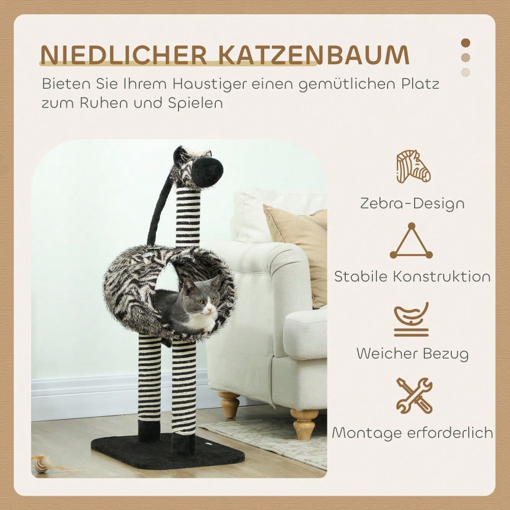 PawHut Kratzbaum mit Katzentunnel, Zebra Design Kratzbaum mit Sisalstämmen, Katzen Spielzeug für kleine bis mittelgroße Katzen, Katzenmöbel für die Wohnung, 93 cm Höhe, Schwarz Weiß