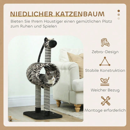 PawHut Kratzbaum mit Katzentunnel, Zebra Design Kratzbaum mit Sisalstämmen, Katzen Spielzeug für kleine bis mittelgroße Katzen, Katzenmöbel für die Wohnung, 93 cm Höhe, Schwarz Weiß