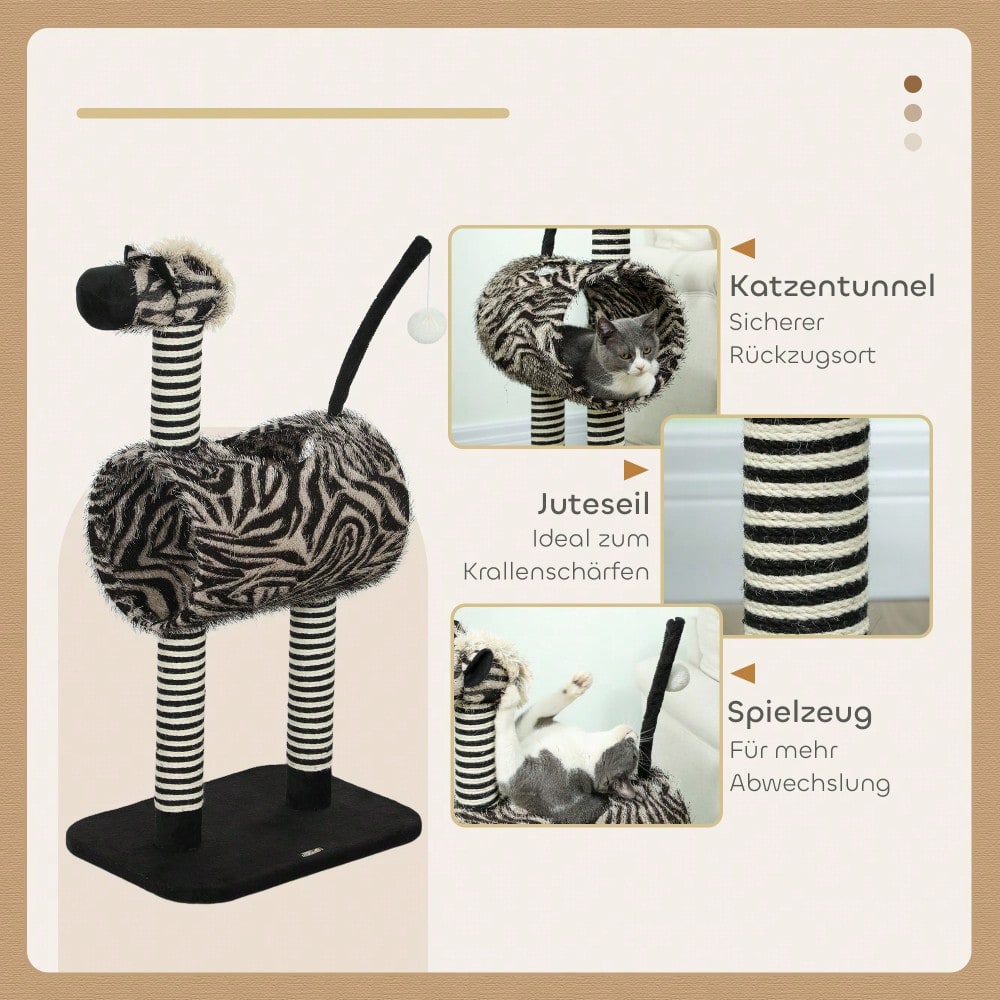 PawHut Kratzbaum mit Katzentunnel, Zebra Design Kratzbaum mit Sisalstämmen, Katzen Spielzeug für kleine bis mittelgroße Katzen, Katzenmöbel für die Wohnung, 93 cm Höhe, Schwarz Weiß