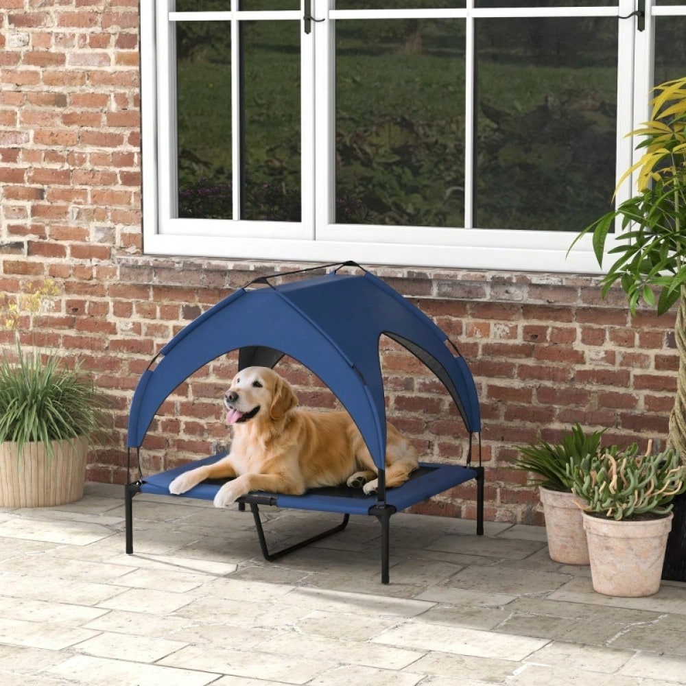 PawHut Hundebett mit Dach, wasserabweisendes & atmungsaktives Hundesofa für Hunde bis 30 kg, Kuschelbett mit Zierkissen, 91 x 76 x 89 cm, Dunkelblau