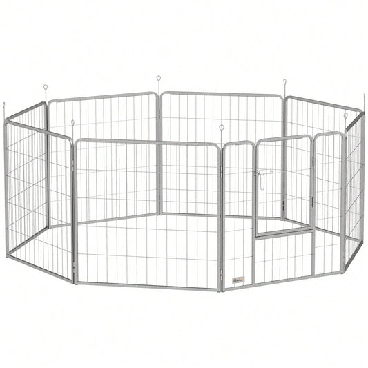 PawHut Welpenauslauf 80 cm hoch, 8-tlg Freilaufgehege mit Tür, Gitterkäfig für kleine Hunde bis 25 kg, Kaninchen & Meerschweinchen, Metallgitter mit Verstrebungen, silber