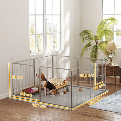 PawHut Welpenauslauf 80 cm hoch, 8-tlg Freilaufgehege mit Tür, Gitterkäfig für kleine Hunde bis 25 kg, Kaninchen & Meerschweinchen, Metallgitter mit Verstrebungen, silber