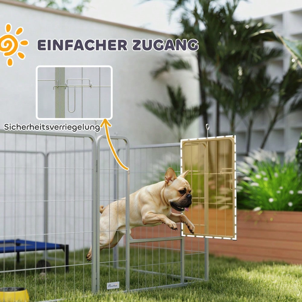 PawHut Welpenauslauf 80 cm hoch, 8-tlg Freilaufgehege mit Tür, Gitterkäfig für kleine Hunde bis 25 kg, Kaninchen & Meerschweinchen, Metallgitter mit Verstrebungen, silber