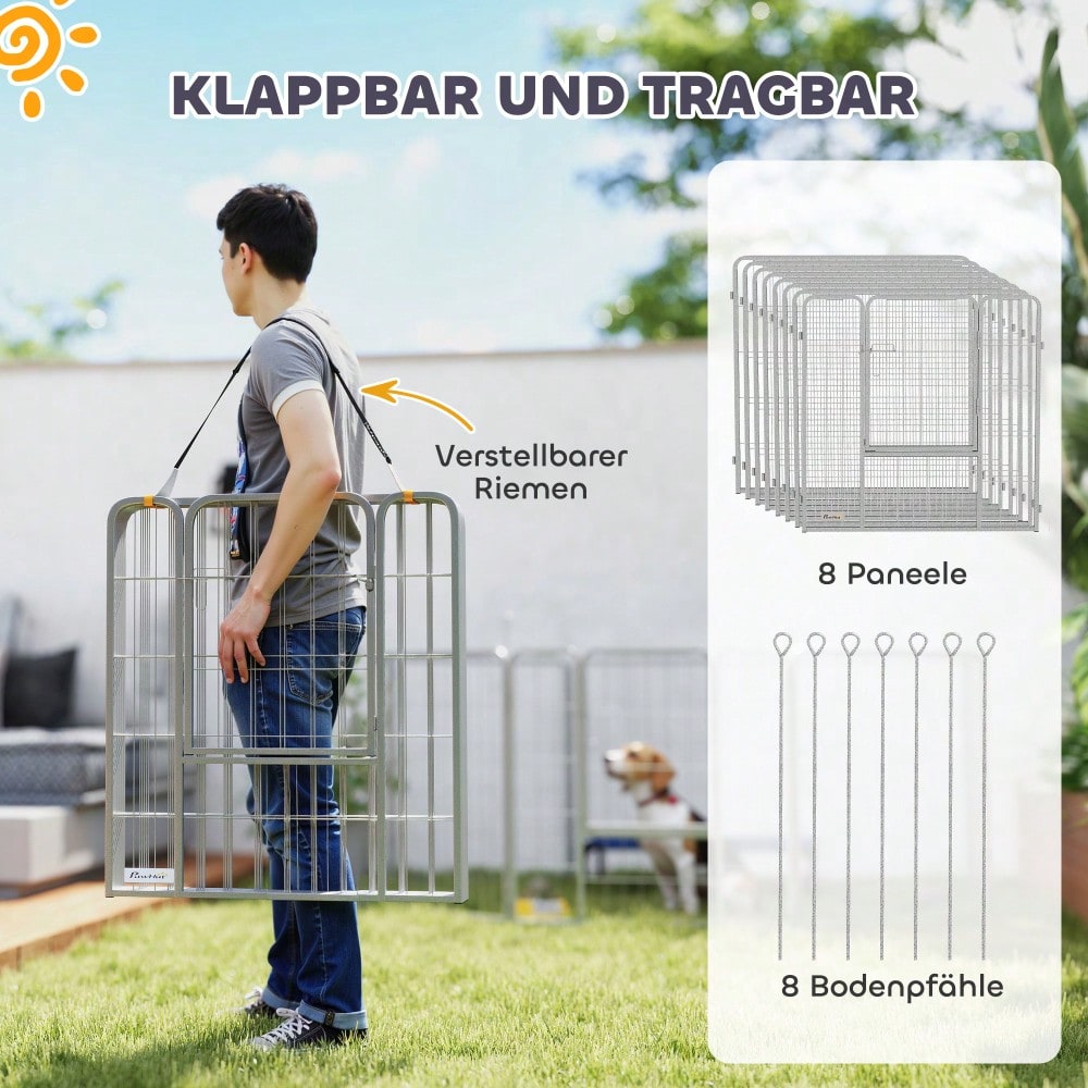 PawHut Welpenauslauf 80 cm hoch, 8-tlg Freilaufgehege mit Tür, Gitterkäfig für kleine Hunde bis 25 kg, Kaninchen & Meerschweinchen, Metallgitter mit Verstrebungen, silber
