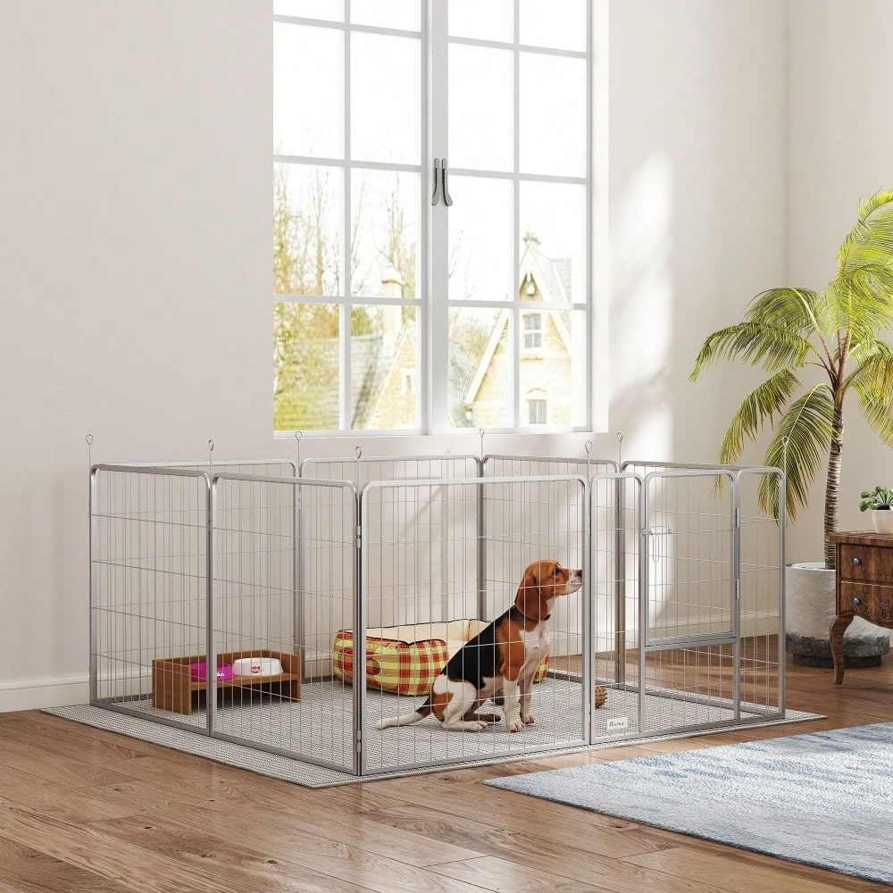 PawHut Welpenauslauf 80 cm hoch, 8-tlg Freilaufgehege mit Tür, Gitterkäfig für kleine Hunde bis 25 kg, Kaninchen & Meerschweinchen, Metallgitter mit Verstrebungen, silber