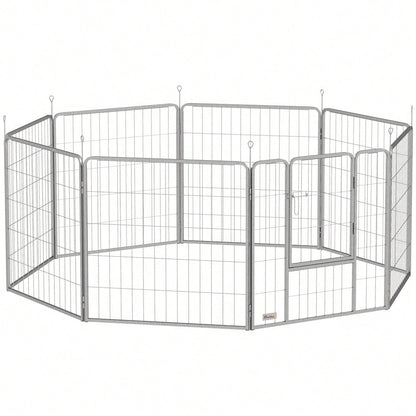PawHut Welpenauslauf 80 cm hoch, 8-tlg Freilaufgehege mit Tür, Gitterkäfig für kleine Hunde bis 25 kg, Kaninchen & Meerschweinchen, Metallgitter mit Verstrebungen, silber