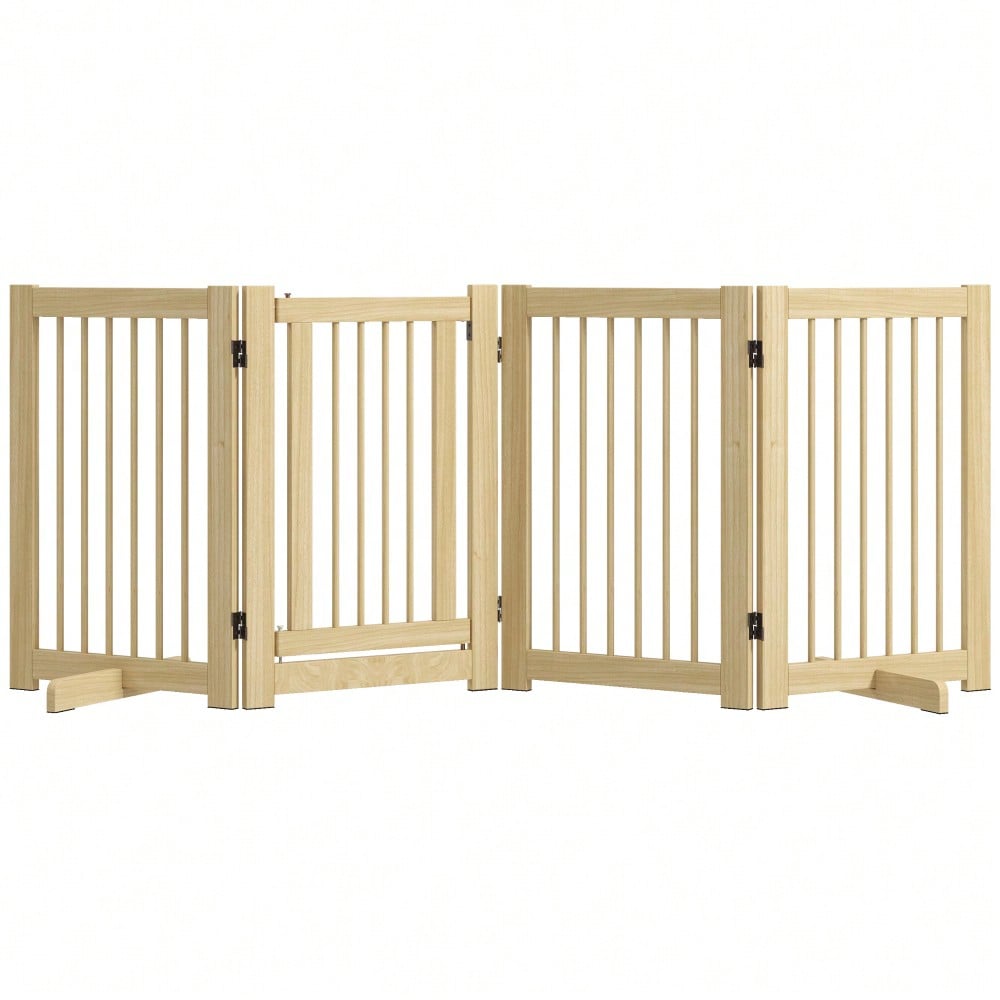 PawHut Absperrgitter aus Holz, 4-teilig mit Tür, 204 x 75 cm, freistehendes Hundetor für Flur, Küche & Treppe, faltbar mit 2 Stützfüßen, für Hunde & Kleintiere, Natur