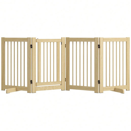 PawHut Absperrgitter aus Holz, 4-teilig mit Tür, 204 x 75 cm, freistehendes Hundetor für Flur, Küche & Treppe, faltbar mit 2 Stützfüßen, für Hunde & Kleintiere, Natur