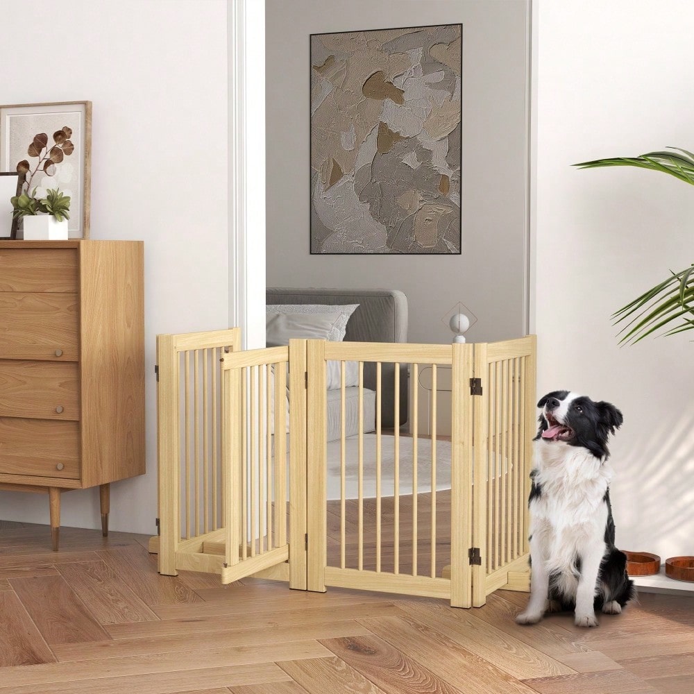 PawHut Absperrgitter aus Holz, 4-teilig mit Tür, 204 x 75 cm, freistehendes Hundetor für Flur, Küche & Treppe, faltbar mit 2 Stützfüßen, für Hunde & Kleintiere, Natur