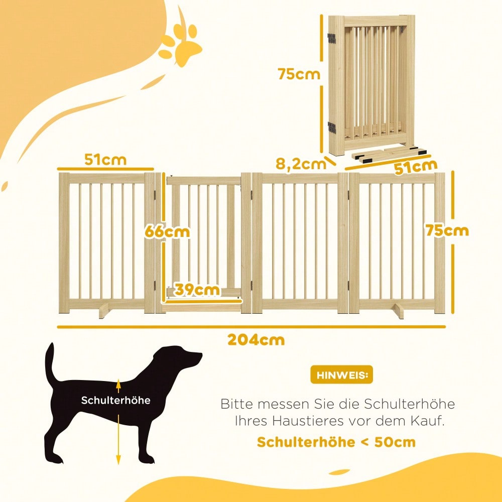 PawHut Absperrgitter aus Holz, 4-teilig mit Tür, 204 x 75 cm, freistehendes Hundetor für Flur, Küche & Treppe, faltbar mit 2 Stützfüßen, für Hunde & Kleintiere, Natur