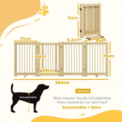 PawHut Absperrgitter aus Holz, 4-teilig mit Tür, 204 x 75 cm, freistehendes Hundetor für Flur, Küche & Treppe, faltbar mit 2 Stützfüßen, für Hunde & Kleintiere, Natur