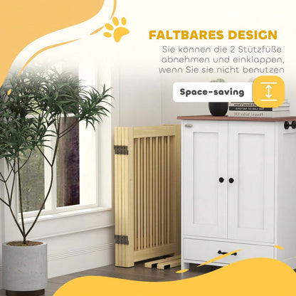 PawHut Absperrgitter aus Holz, 4-teilig mit Tür, 204 x 75 cm, freistehendes Hundetor für Flur, Küche & Treppe, faltbar mit 2 Stützfüßen, für Hunde & Kleintiere, Natur