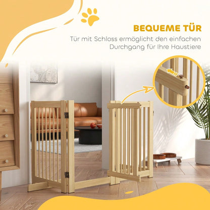 PawHut Absperrgitter aus Holz, 4-teilig mit Tür, 204 x 75 cm, freistehendes Hundetor für Flur, Küche & Treppe, faltbar mit 2 Stützfüßen, für Hunde & Kleintiere, Natur