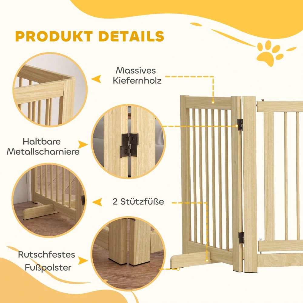 PawHut Absperrgitter aus Holz, 4-teilig mit Tür, 204 x 75 cm, freistehendes Hundetor für Flur, Küche & Treppe, faltbar mit 2 Stützfüßen, für Hunde & Kleintiere, Natur