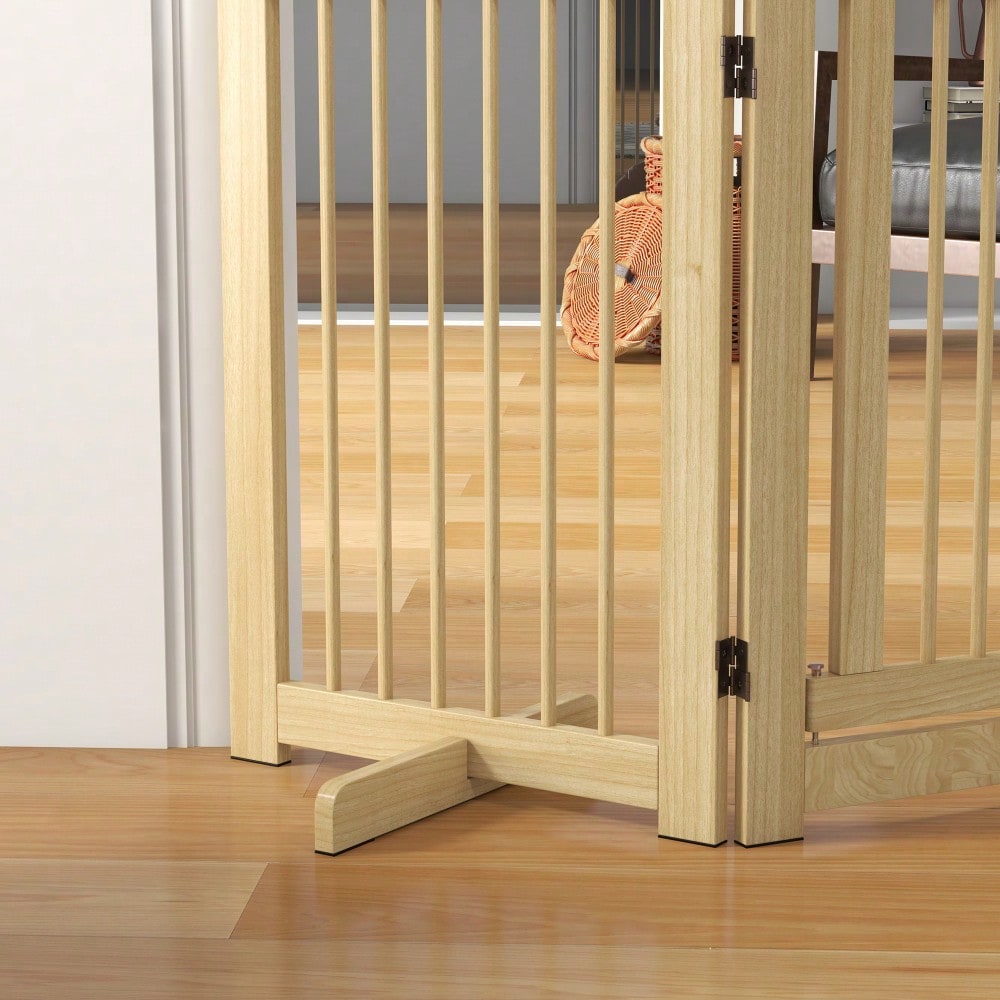 PawHut Absperrgitter aus Holz, 4-teilig mit Tür, 204 x 75 cm, freistehendes Hundetor für Flur, Küche & Treppe, faltbar mit 2 Stützfüßen, für Hunde & Kleintiere, Natur