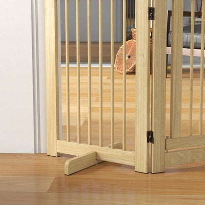 PawHut Absperrgitter aus Holz, 4-teilig mit Tür, 204 x 75 cm, freistehendes Hundetor für Flur, Küche & Treppe, faltbar mit 2 Stützfüßen, für Hunde & Kleintiere, Natur