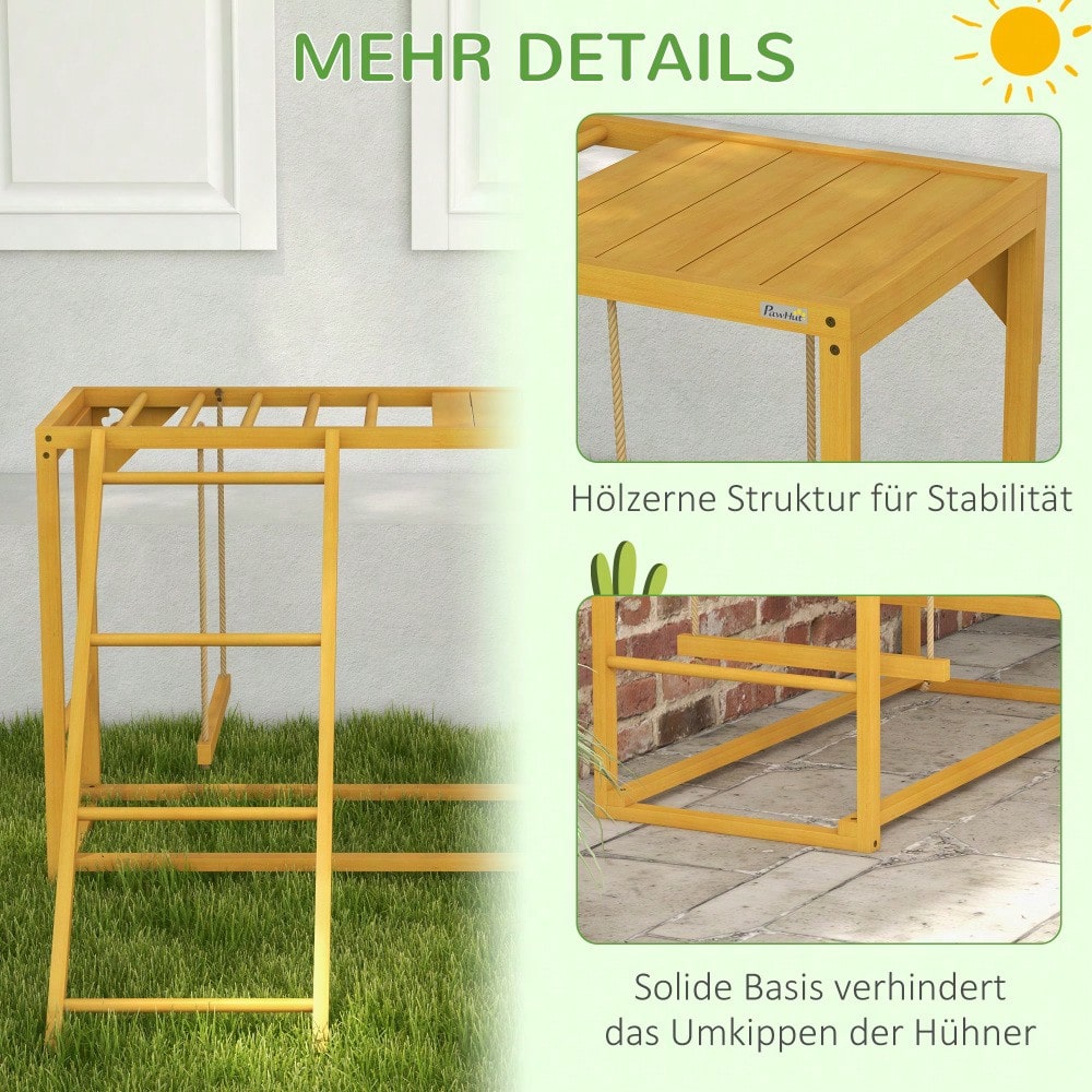 PawHut Hühner Spielgerüst aus Naturholz mit Schaukel & Leiter, Klettergerüst für 3-4 Hühner, Hühnerspielplatz mit Sitzstangen, Für innen & außen, Hühnerzubehör