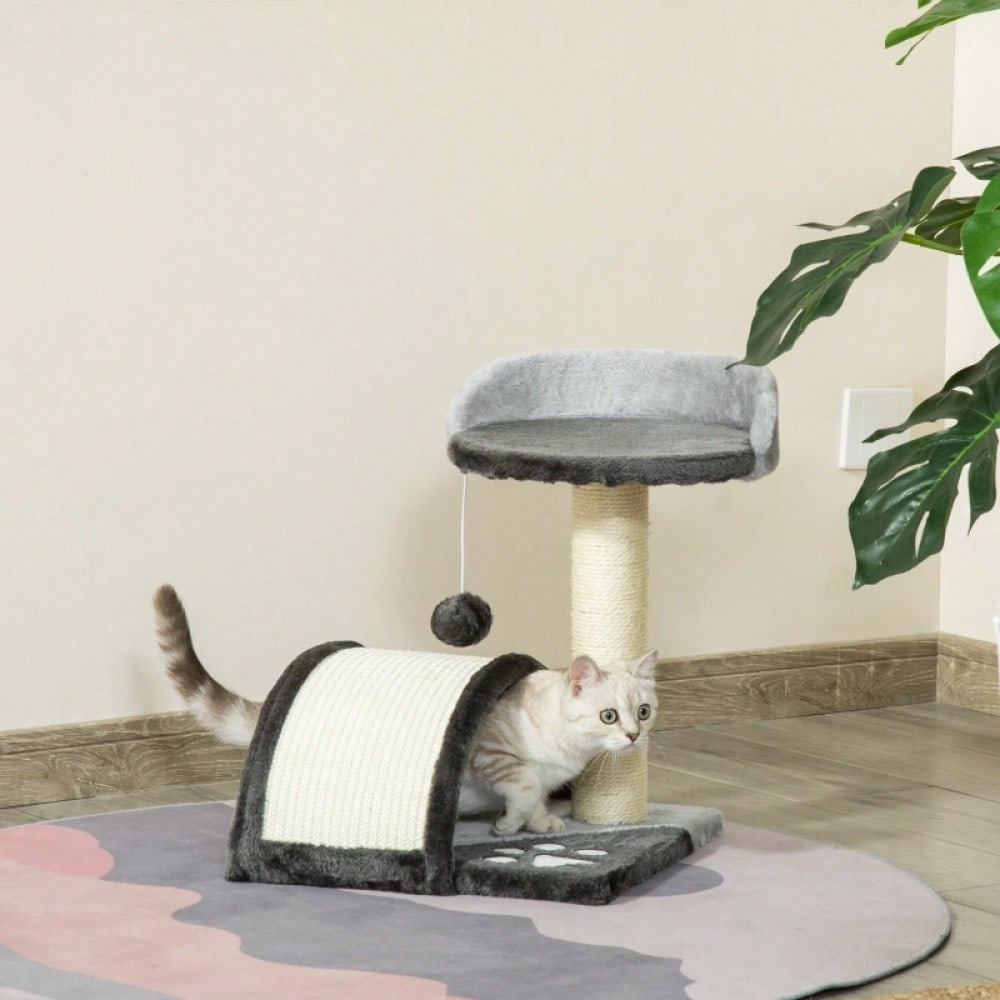 PawHut Kratzbaum für Katzen mit Spielball, Kleiner Kratzbaum mit Sisalstämmen, Kratzmöbel für kleine Katzen und Kitten, Für die Wohnung, 46 cm Höhe, Grau