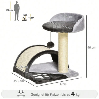 PawHut Kratzbaum für Katzen mit Spielball, Kleiner Kratzbaum mit Sisalstämmen, Kratzmöbel für kleine Katzen und Kitten, Für die Wohnung, 46 cm Höhe, Grau