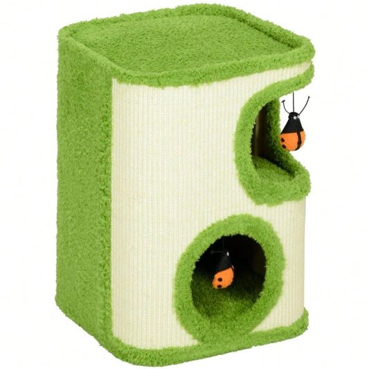 PawHut Kratzturm für Katzen mit Höhle, Kratzbaum mit weicher Katzenhöhle aus Plüsch, Kratzfläche & Spielzeug, Für kleine Katzen, Katzenspielzeug für die Wohnung, 52 cm, Grün/Creme