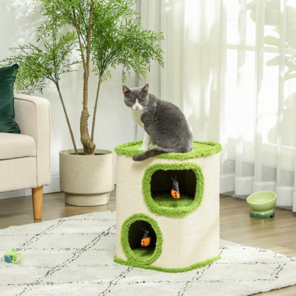 PawHut Kratzturm für Katzen mit Höhle, Kratzbaum mit weicher Katzenhöhle aus Plüsch, Kratzfläche & Spielzeug, Für kleine Katzen, Katzenspielzeug für die Wohnung, 52 cm, Grün/Creme