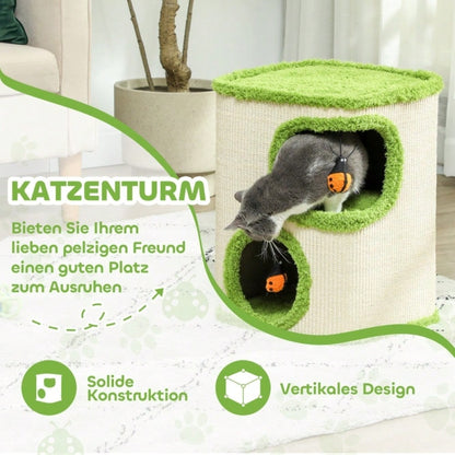PawHut Kratzturm für Katzen mit Höhle, Kratzbaum mit weicher Katzenhöhle aus Plüsch, Kratzfläche & Spielzeug, Für kleine Katzen, Katzenspielzeug für die Wohnung, 52 cm, Grün/Creme