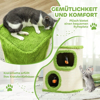 PawHut Kratzturm für Katzen mit Höhle, Kratzbaum mit weicher Katzenhöhle aus Plüsch, Kratzfläche & Spielzeug, Für kleine Katzen, Katzenspielzeug für die Wohnung, 52 cm, Grün/Creme