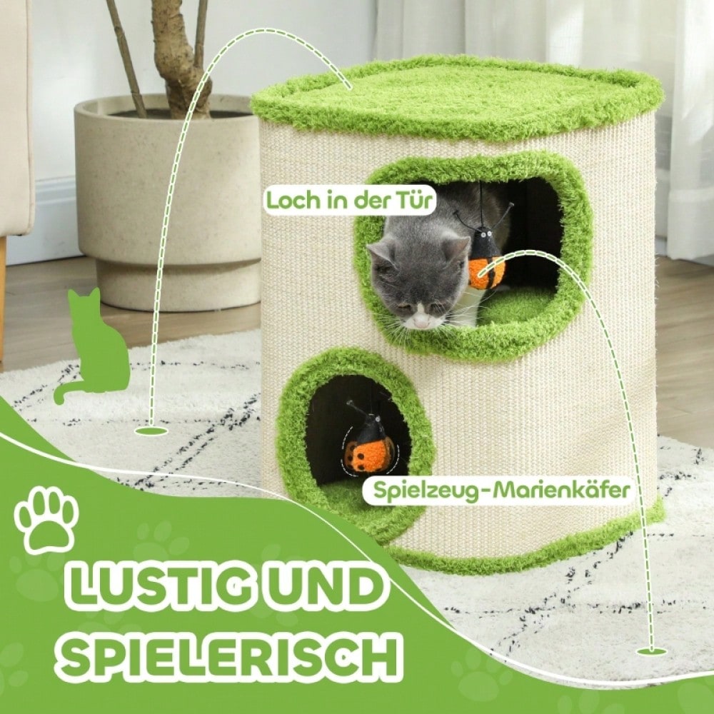 PawHut Kratzturm für Katzen mit Höhle, Kratzbaum mit weicher Katzenhöhle aus Plüsch, Kratzfläche & Spielzeug, Für kleine Katzen, Katzenspielzeug für die Wohnung, 52 cm, Grün/Creme