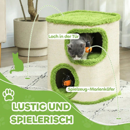 PawHut Kratzturm für Katzen mit Höhle, Kratzbaum mit weicher Katzenhöhle aus Plüsch, Kratzfläche & Spielzeug, Für kleine Katzen, Katzenspielzeug für die Wohnung, 52 cm, Grün/Creme