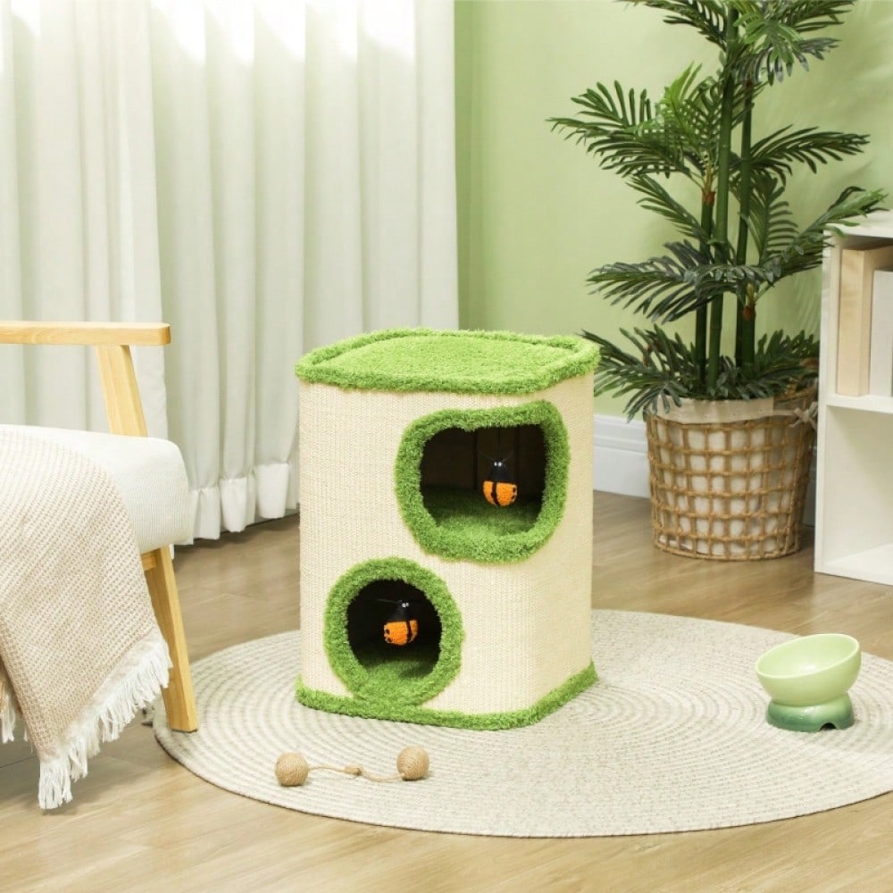 PawHut Kratzturm für Katzen mit Höhle, Kratzbaum mit weicher Katzenhöhle aus Plüsch, Kratzfläche & Spielzeug, Für kleine Katzen, Katzenspielzeug für die Wohnung, 52 cm, Grün/Creme