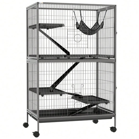 PawHut Großer Käfig für Nager, Nagetierkäfig mit 4 Plattformen, 3 Rampen & 4 Türen, Mehrstöckiger Hamsterkäfig für Meerschweinchen, Mäuse & Kleintiere, 80x52x128 cm, Stahl