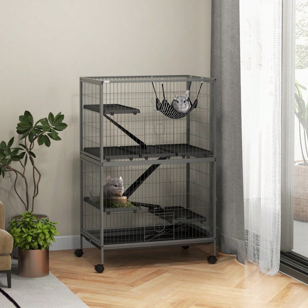 PawHut Großer Käfig für Nager, Nagetierkäfig mit 4 Plattformen, 3 Rampen & 4 Türen, Mehrstöckiger Hamsterkäfig für Meerschweinchen, Mäuse & Kleintiere, 80x52x128 cm, Stahl