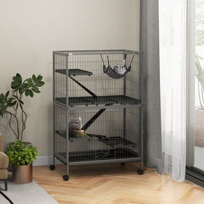 PawHut Großer Käfig für Nager, Nagetierkäfig mit 4 Plattformen, 3 Rampen & 4 Türen, Mehrstöckiger Hamsterkäfig für Meerschweinchen, Mäuse & Kleintiere, 80x52x128 cm, Stahl