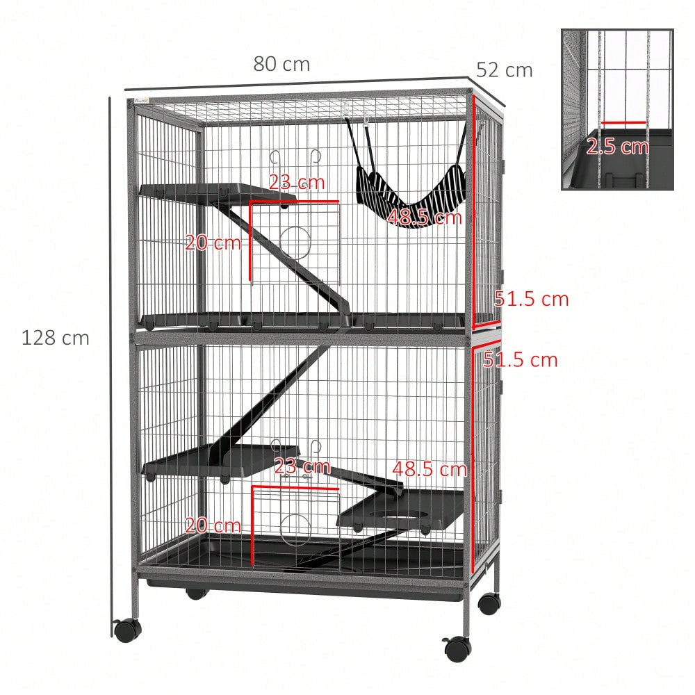 PawHut Großer Käfig für Nager, Nagetierkäfig mit 4 Plattformen, 3 Rampen & 4 Türen, Mehrstöckiger Hamsterkäfig für Meerschweinchen, Mäuse & Kleintiere, 80x52x128 cm, Stahl