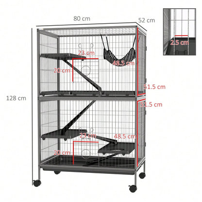 PawHut Großer Käfig für Nager, Nagetierkäfig mit 4 Plattformen, 3 Rampen & 4 Türen, Mehrstöckiger Hamsterkäfig für Meerschweinchen, Mäuse & Kleintiere, 80x52x128 cm, Stahl