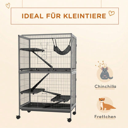PawHut Großer Käfig für Nager, Nagetierkäfig mit 4 Plattformen, 3 Rampen & 4 Türen, Mehrstöckiger Hamsterkäfig für Meerschweinchen, Mäuse & Kleintiere, 80x52x128 cm, Stahl
