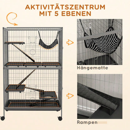 PawHut Großer Käfig für Nager, Nagetierkäfig mit 4 Plattformen, 3 Rampen & 4 Türen, Mehrstöckiger Hamsterkäfig für Meerschweinchen, Mäuse & Kleintiere, 80x52x128 cm, Stahl