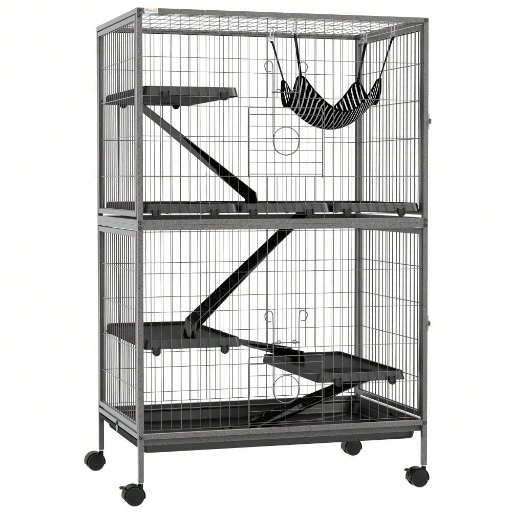 PawHut Großer Käfig für Nager, Nagetierkäfig mit 4 Plattformen, 3 Rampen & 4 Türen, Mehrstöckiger Hamsterkäfig für Meerschweinchen, Mäuse & Kleintiere, 80x52x128 cm, Stahl
