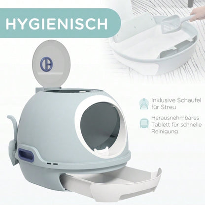 PawHut Katzentoilette mit Dach & Fenster, Hochwand Katzenklo mit Bodenschale und Schaufel, Geruchsarm & leicht zu reinigen, Für innen, Aus PP+ABS, 44 cm hoch, See-Blau