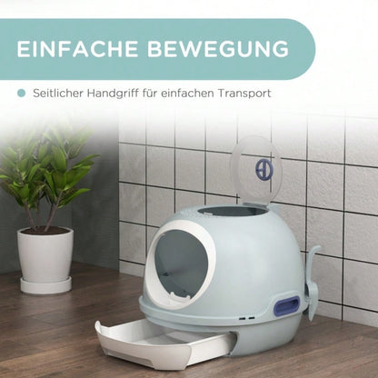 PawHut Katzentoilette mit Dach & Fenster, Hochwand Katzenklo mit Bodenschale und Schaufel, Geruchsarm & leicht zu reinigen, Für innen, Aus PP+ABS, 44 cm hoch, See-Blau