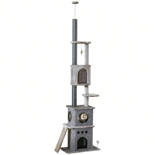 PawHut Kratzbaum Deckenhoch XXL, höhenverstellbar 225-255 cm, mit Spielzeug & Sisalstämmen, Kratztonne für kleine Katzen, Katzenmöbel für die Wohnung, hellgrau