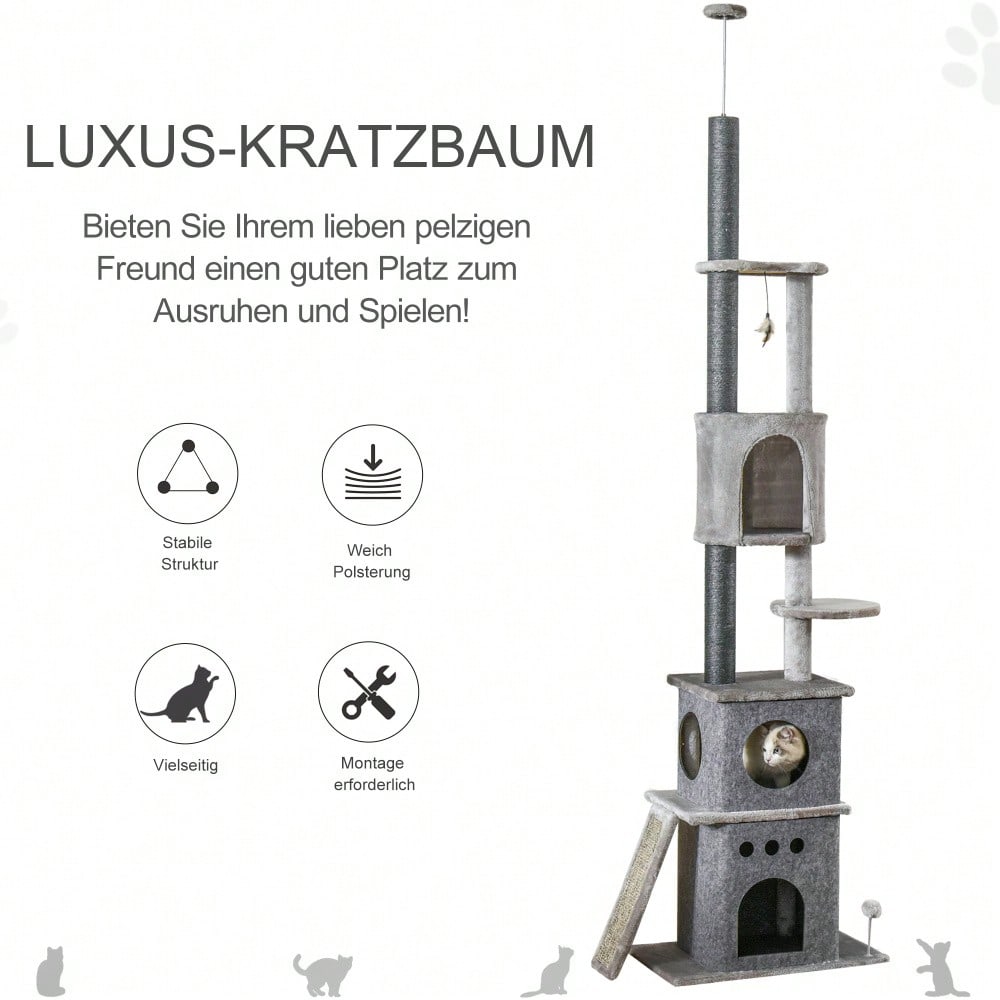 PawHut Kratzbaum Deckenhoch XXL, höhenverstellbar 225-255 cm, mit Spielzeug & Sisalstämmen, Kratztonne für kleine Katzen, Katzenmöbel für die Wohnung, hellgrau