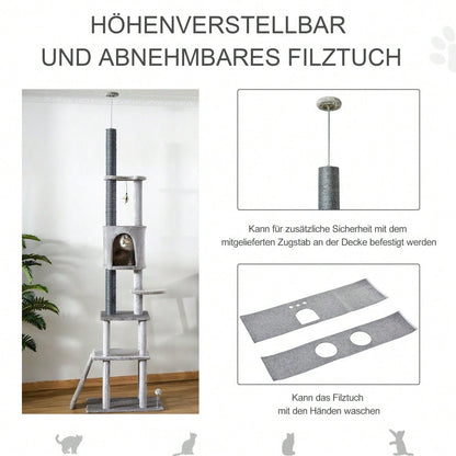 PawHut Kratzbaum Deckenhoch XXL, höhenverstellbar 225-255 cm, mit Spielzeug & Sisalstämmen, Kratztonne für kleine Katzen, Katzenmöbel für die Wohnung, hellgrau