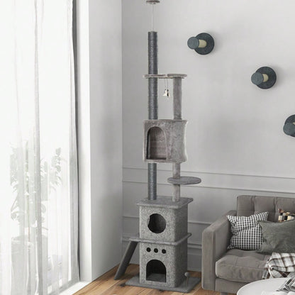 PawHut Kratzbaum Deckenhoch XXL, höhenverstellbar 225-255 cm, mit Spielzeug & Sisalstämmen, Kratztonne für kleine Katzen, Katzenmöbel für die Wohnung, hellgrau