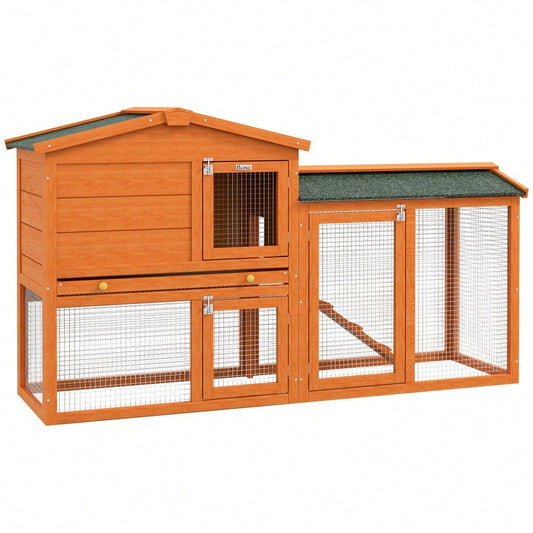 PawHut Hasenstall mit 2 Ebenen aus Tannenholz, Winterfester Kaninchenstall mit Freilaufgehege, Doppelstockhaus mit Rampe & Kunststoffwanne, Für Außen, 150x45x85 cm, Orange
