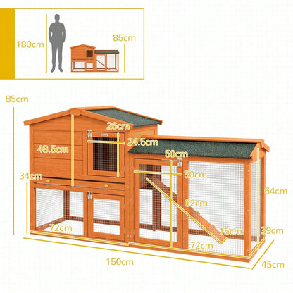 PawHut Hasenstall mit 2 Ebenen aus Tannenholz, Winterfester Kaninchenstall mit Freilaufgehege, Doppelstockhaus mit Rampe & Kunststoffwanne, Für Außen, 150x45x85 cm, Orange