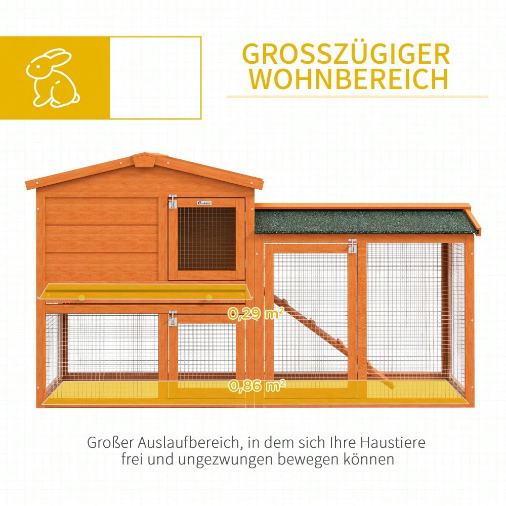 PawHut Hasenstall mit 2 Ebenen aus Tannenholz, Winterfester Kaninchenstall mit Freilaufgehege, Doppelstockhaus mit Rampe & Kunststoffwanne, Für Außen, 150x45x85 cm, Orange